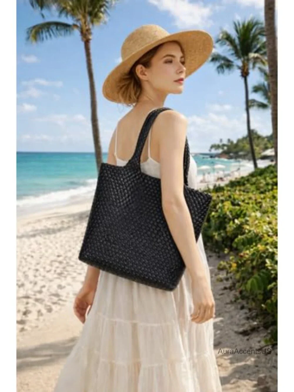 Handwoven Vegan Leather Tote Bag with Clutch for Work Travel Beach